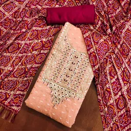 KALINI Floral Embroidered Gota Patti Work Jute Cotton Unstitched Dress Material-image-59