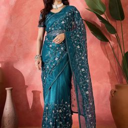 HERE&NOW Ethnic Motifs Sequinned Net Banarasi Saree-picture-17