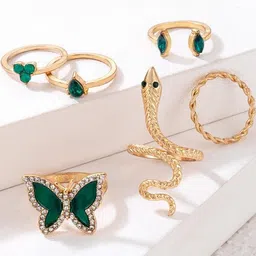 Arzonai Set Of 6 Snake & Water Drop Imitation Emerald Ring-35