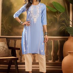 Sangria Floral Embroidered Chikankari Round Neck Straight Kurta-42