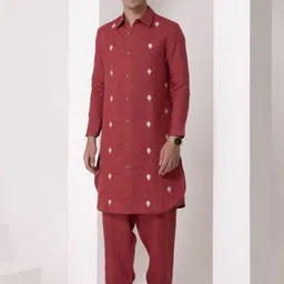 BARARA ETHNIC Floral Embroidered Thread Work Shirt Collar Linen Kurta with Trousers-image-41