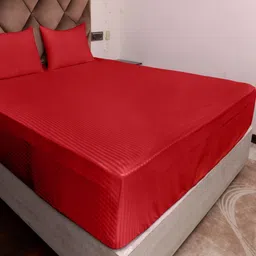 AJISH Red Striped 300 TC Queen Bedsheet with 2 Pillow Covers-image-38