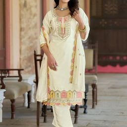 Ekta Textiles Floral Yoke Design Chanderi Silk Straight Kurta With Trouser & Dupatta-image-3