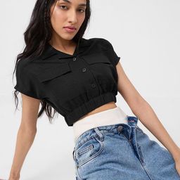 The Souled Store Women Textured Shirt Style Utility Pockets Detailing Crop Top-picture-4