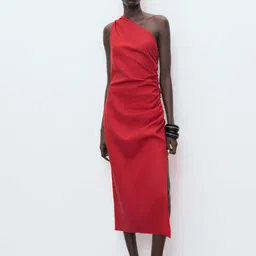 MANGO One Shoulder Ruched Midi Sheath Dress with Side Slit-picture-48