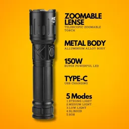 mz M981 (ZOOMABLE METAL LED )5 Modes Flashlight, Super Bright 150W Light Torch image 4