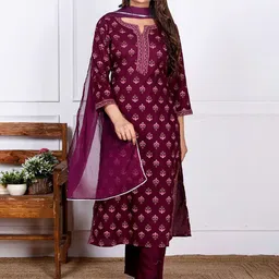 Veshviti Women Floral Printed Regular Kurta with Trousers & With Dupatta Kurta Sets-picture-13