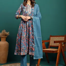 BANDIA Floral Printed Gotta Patti Pure Cotton Anarkali Kurta with Trousers & Dupatta-picture-39