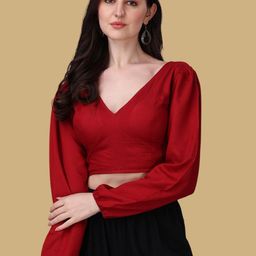 Oomph! Women V-Neck Puff Sleeves Ethnic Saree Blouse-image-29