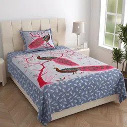 MANDAKINI Blue & Pink Ethnic Motifs Cotton 144 TC Single Bedsheet Set-1.82 m x 1.21 m-picture-25