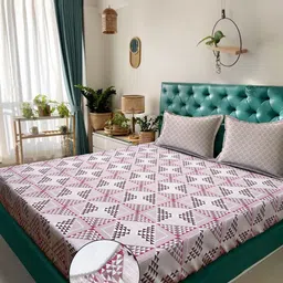 KLOTTHE Pink & White Geometric Cotton 400 TC Fitted Double King Bedsheet Set-2.5mX2.25m-image-102