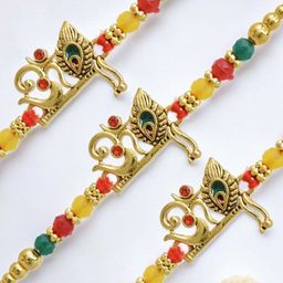 MEIRA JEWELLERY Pack of 3 Beaded Om Rakhis With Greeting Card & Roli Chawal-image-80