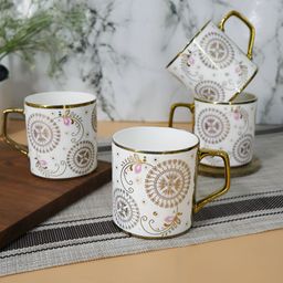 Femora White & Mustard 4 Pieces Printed Ceramic Glossy Coffee & Tea Cup image 2