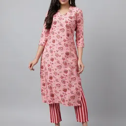 Fourleaf Women Floral Printed Mandarin Collar Straight Kurta with Trousers-picture-11