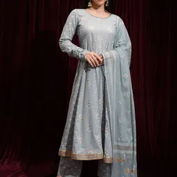 Vishudh Grey Floral Printed Regular Anarkali Kurta with Trousers & Dupatta-14