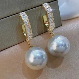 GOLDIWALA Korean Gold-Plated Cubic Zirconia Studded & Artificial Beaded Hoop Earrings-picture-3