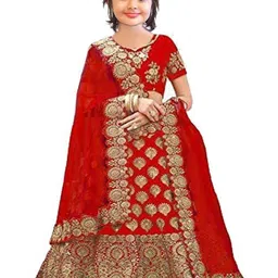 F Plus Fashion Girls Red Satin Semi-Stitched Lehenga Choli-picture-37