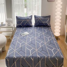 JC HOME Blue & White Geometric Printed 140 TC Fitted King Bedsheet Set- 1.80 m x 2.0 m-image-94