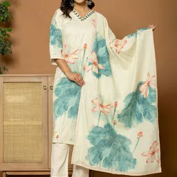 FLAMBOYANT Floral Printed V-Neck Thread Work Straight Kurta With Trousers & Dupatta-picture-13