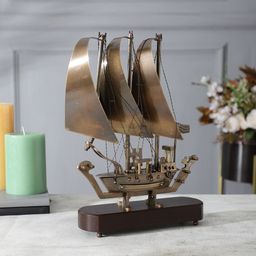 EXIM DECOR Gold Toned Brass & Wood Antique Sailing Nautical Ship Showpiece-image-60