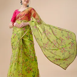 Inddus Green & Pink Floral Printed Gotta Patti Organza Saree-49