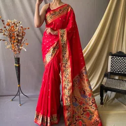 Mitera Red & Blue Ethnic Woven Design Zari Paithani Silk Saree-image-27