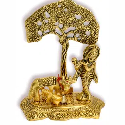 Navyaksh Gold Toned Metal  Krishna with Cow Standing Under Tree Showpiece-image-58