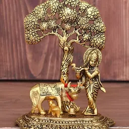 Navyaksh Gold Toned Kamdhenu Cow with Krishna Showpiece-22