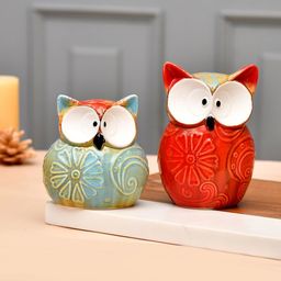 TAYHAA Red & Grey 2 Pieces Textured Enchanted Owl Ceramic Showpiece-1