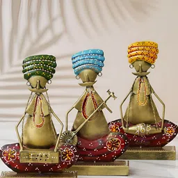 SANKALAN CREATIONS Gold Toned 3 Pcs Metal Rajasthani Musician Showpiece-image-38