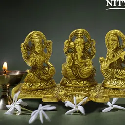 Navyaksh Gold Toned Laxmi Ganesh Saraswati With Diya Religious Idol Showpiece-10