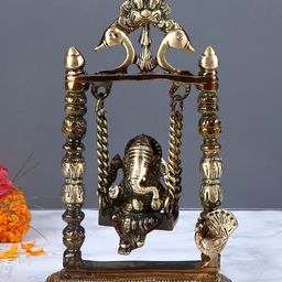 Aapno Rajasthan Brown & Gold-Toned Brass Lord Ganesh in Jhula Showpiece-image-98