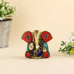CraftVatika Gold Toned & Red Large Palm Lord Lakshmi Ganesh Idol Brass Showpiece-11
