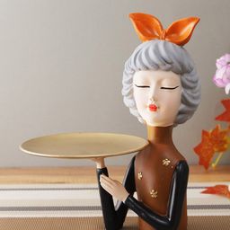 CraftVatika Brown & Grey Girl with Tray Statue Showpiece-54