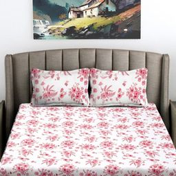 FABINALIV White & Pink Floral 300 TC King Bedsheet with 2 Pillow Covers-image-47