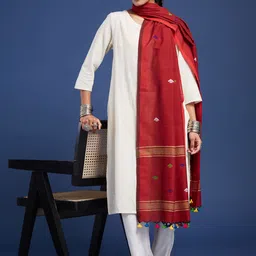 Taavi Woven Pure Cotton Jamdani Dupatta With Pom Pom Edgings-image-34