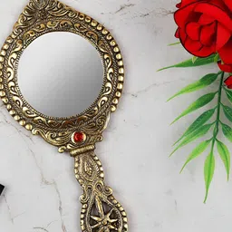 Kridaykraft Gold-Toned Round Shape Gold Plated Metal Hand Mirror-24