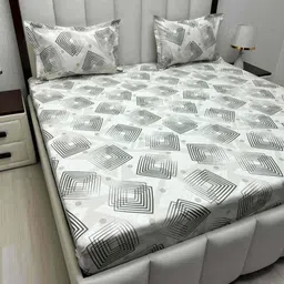 Pure Decor Beige & Black Geometric Queen Bedsheet with 2 Pillow Covers-image-100