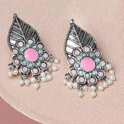 fabula Artificial Beaded Leaf Shaped Oxidised Drop Earrings-image-50