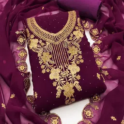 Peachmode Floral Embroidered Zari Silk Georgette Unstitched Dress Material-12