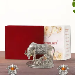 INTERNATIONAL GIFT Silver-Toned Kamdhenu Cow With 2 Diyas Religious Idol Showpiece-image-85