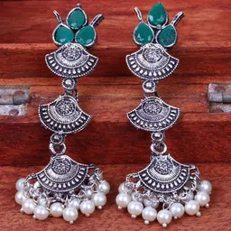 OPUS GEMS Artificial Stones Studded & Beaded Oxidised Teardrop Shaped Drop Earrings-picture-15