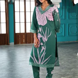 QISSA Floral Printed Linen V-Neck Straight Kurta With Trousers And Dupatta-image-13