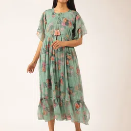 KALINI Floral Print Keyhole Neck Flared Sleeve Georgette Midi Fit & Flare Dress-image-80