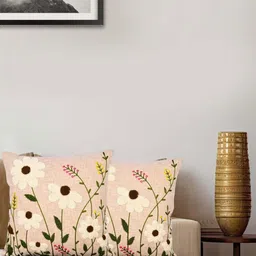 MONKDECOR Peach & White 2 Pieces Floral Embroidered Linen Square Cushion Covers-1