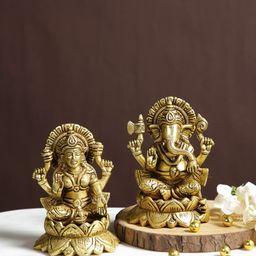 CraftVatika Yellow 2 Pieces Ganesha & Lakshmi Brass Idol Showpieces-image-46