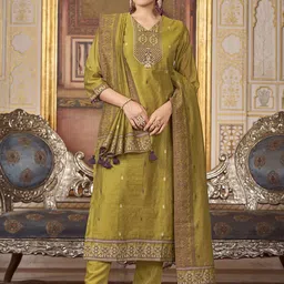 DIVASTRI Ethnic Motifs Woven Design V-Neck Straight Kurta with Trousers & Dupatta-picture-19