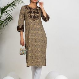 KALINI Ethnic Motifs Printed Notch Neck Straight Pure Cotton Kurta-picture-18