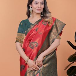 Divastri Red Silk Blend Woven Banarsi Zari Saree For Women-picture-9