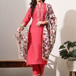 MEESAN Women Floral Yoke Design Regular Thread Work Chanderi Silk Kurta with Trousers & With Dupatta-image-43